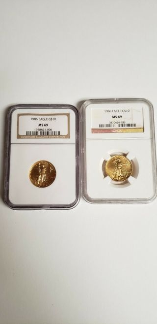 (2) - 1986 G$10 American Gold Eagle Ms69 Ngc 1/4 Oz