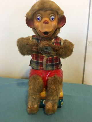 Vintage 1950s Japan Tin Litho Monkey Blowing Bubbles Old Toy