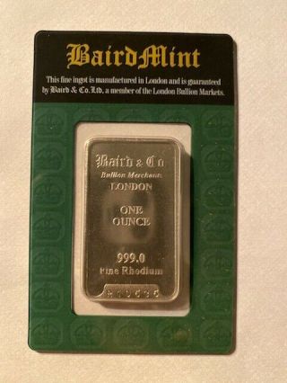 1 Oz.  Rhodium Bar - Baird & Co - 999.  0 Fine In Assay Green Card
