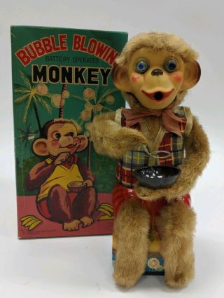 Vtg Alps Toys Bubble Blowing Monkey Battery Operated Mechanical Tin Toy