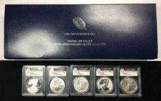 2011 Silver Eagle 25th Anniversary 5 Coin Set - All Pcgs Ms/pr70 Mercanti Signed