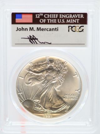 1991 American Silver Eagle 1 Oz Pcgs Ms70 Mercanti Signed Certified Coin - Jd439