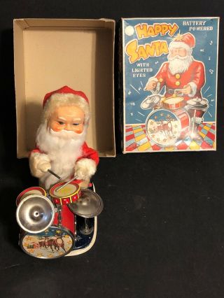 1960s Happy Santa Claus Drummer Battery Op Christmas Toy Japan Alps W/box