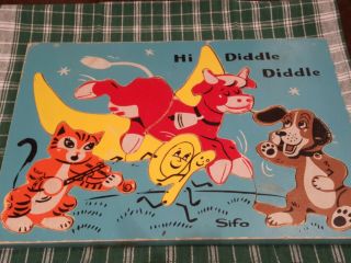 Vintage Sifo Wooden Puzzle " Hi Diddle Diddle " Cow Over Moon Plate With Spoon