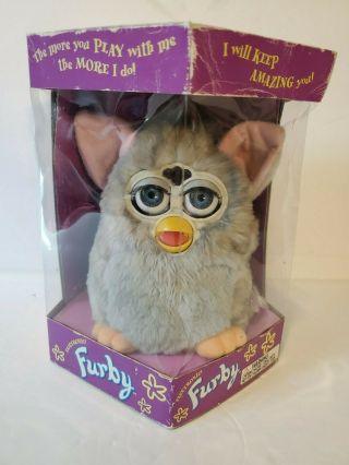 Vintage 1998 Tiger Electronics 70 - 800 Furby Blue Eyes Pink Ears Gray Belly W Box