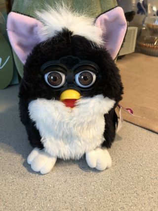 1998 Furby Model 70 - 800 Black And White Pink Ears With Tag Attached