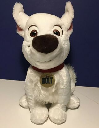 Disney Store Bolt Dog Soft Plush 14” White Lightning Sitting Collar Toy Movie