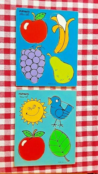 2 Vintage Playskool Wooden Tray Puzzle 4pc Fruit Colors 180 - 03,  180 - 06