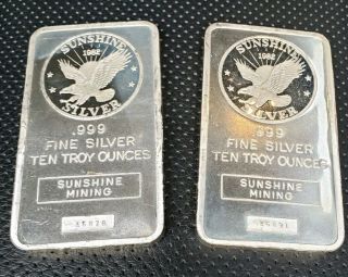 2 - 10 Oz Sunshine Silver Bars.  999 Fine Silver 20 Troy Ounces