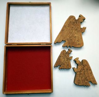 3 Wood Angel Puzzles in Wood Box,  Hand Crafted,  Box: 8 