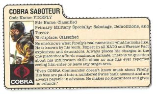 1984 Cobra Firefly V.  1 File Card 1 Peach Filecard Bio Gi/g.  I.  Joe Jtc