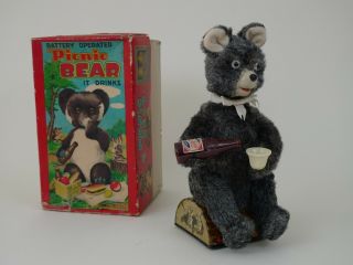Vintage 1960 Battery Op Tin Toy " Picnic Bear " W Box Alps Japan Restored Schuco