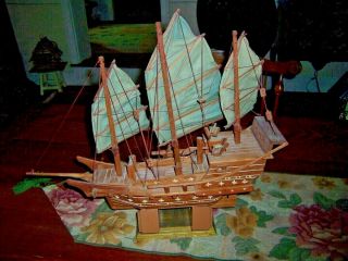 Handmade Wooden Chinese Junk Ship Model With Writing On Back