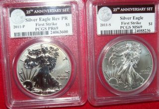 2011 Silver Eagle 25th Anniversary 5 - Coin Set Pcgs Ms69 & Pr69 & Pr69 Dcam