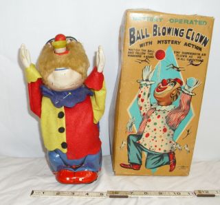 Ball Blowing Clown Tin Battery Operated Toy Boxed By T.  N.  Japan Boxed