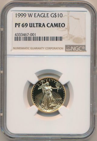 1999 W $10 Proof American Gold Eagle,  1/4 Oz.  Ngc Pf69 Ultra Cameo