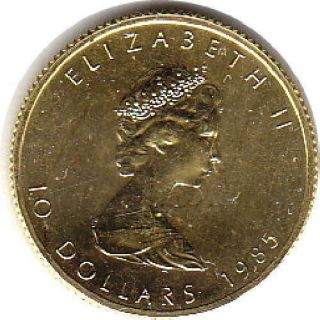 1985 $10 CANADIAN GOLD LEAF.  1/4 OZ.  9999 FINE GOLD. 2