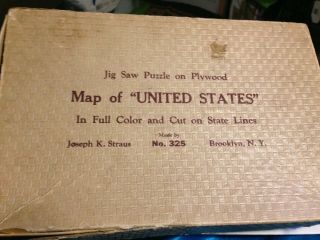 Vintage Jig - Saw Puzzle On Plywood Map Of " United States " J.  K.  Straus Brooklyn N.  Y