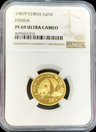 1987 P Gold China 25 Yuan Panda 1/4 Oz Coin Ngc Proof 69 Ultra Cameo