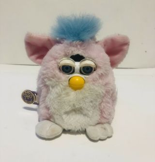1999 Tiger Furby Babies Pink Body White Chest Blue Hair & Eyes