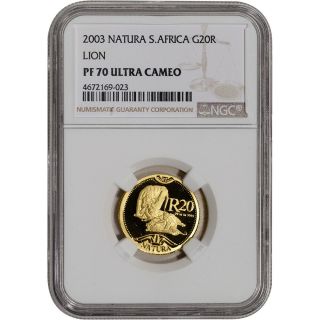 2003 South Africa Gold Proof 1/4 Oz 20 Rand - Natura Lion - Ngc Pf70 Ucam