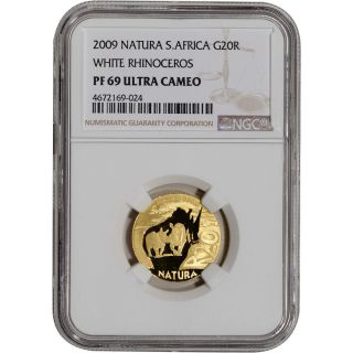 2009 South Africa Gold Proof 1/4 Oz 20 Rand Natura White Rhinoceros - Ngc Pf69