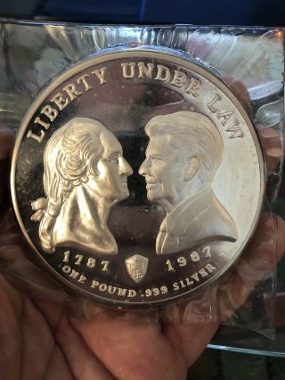 1987 Constitution One Pound 1 Lb 16 Ounce Oz.  999 Silver Liberty Coin Reagan