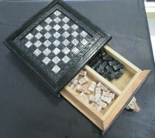 Mexican Chess Set Malachite Wood Aztec Vs.  Conquistador Mayan Board