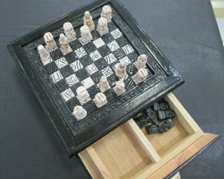 Mexican Chess Set Malachite Wood Aztec Vs.  Conquistador Mayan Board 2