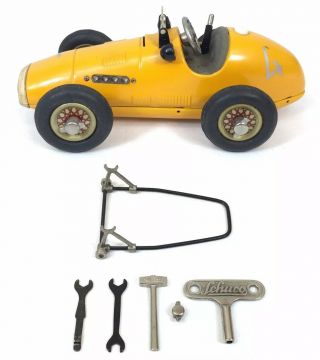 Schuco Grand Prix Racer 1070 Yellow 4 Us Zone Germany Wind Up Car Tin Key Tools