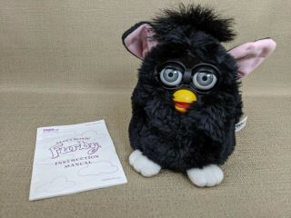 Furby Tiger Electronics Model 70 - 800 Solid Black Gray Eyes Pink Ears White Feet