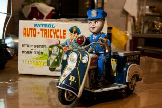 Vintage Toy Patrol Auto Tricycle Police Battery Operated Made In Japan
