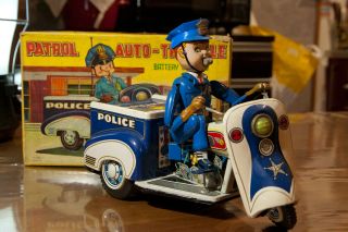 Vintage Toy Patrol Auto Tricycle Battery Operated Made In Japan