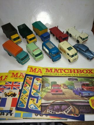 10 Vintage 60s Matchbox Cars,  Trucks,  Rolls Royce Gray Wheel,  Milk Truck,  4 Catalogs