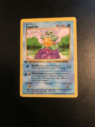 Pokemon Squirtle - 63/102 - Common - First Edition Shadowless,  Base Set,  Nm