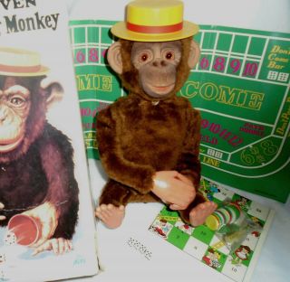 Vintage Battery Operated Lucky " 7 " Dice Throwing Monkey Toy,  Alps Co Japan