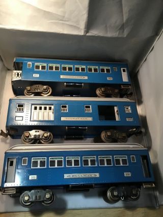 Lionel Trains 309 310 312 Standard Gauge Blue & Silver Passenger Cars