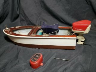 Vintage Langcraft Wood And Plastic Handmade Boat With Outboard Motor