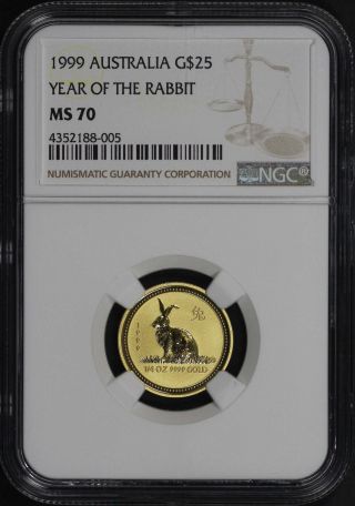 1999 Australia Gold $25 Year Of The Rabbit 1/4 Oz Ngc Ms - 70 - 165825