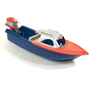 Vintage Knickerbocker Outboard Motor Boat Toy 14 " Blue Orange 1970s
