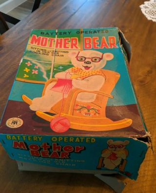Vintage Tin Battery Operated Mother Bear Knitting & Rocking 1960s Japan Mt