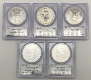 2011 Silver Eagle 25th Anniversary 5 - Coin Set Pcgs John Mercanti First Strike