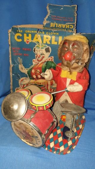 Old Vintage Battery Operated Drumming Clown Toy From Japan 1960