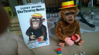 Vintage Alps Lucky Seven Dice Rolling Monkey Battery Powered Complete.