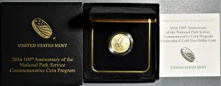 2016 - W $5 100th Anniv National Park Service Unc $5 Gold Coin W/box & A1506