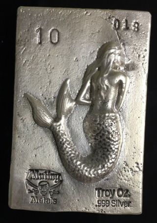 Siren Of The Sea Mermaid 999 Silver Poured Bar 10 Troy Oz Mutiny Metals 18/100