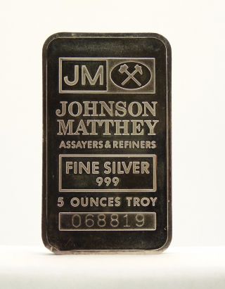 Johnson Matthey Assayers & Refiners 5 Troy Ounces.  999 Fine Silver Bar