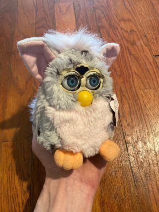 1998 Tiger Electronics Furby Grey With Black Spots Pink Inside Ears Blue Eyes
