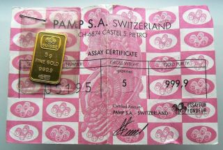 5 Gram Gold Bar - Pamp Suisse Rose -.  9999 Fine