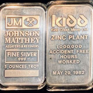 Kidd Creek Mines Johnson Matthey 5 Oz Silver Bar.  999 Fine Serial 000052 Rare